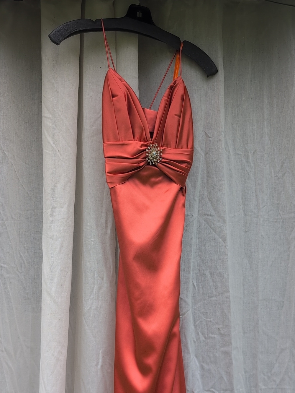 Medium - Elegant Burnt Orange Spaghetti-Strap Dress with Embellished Waist
